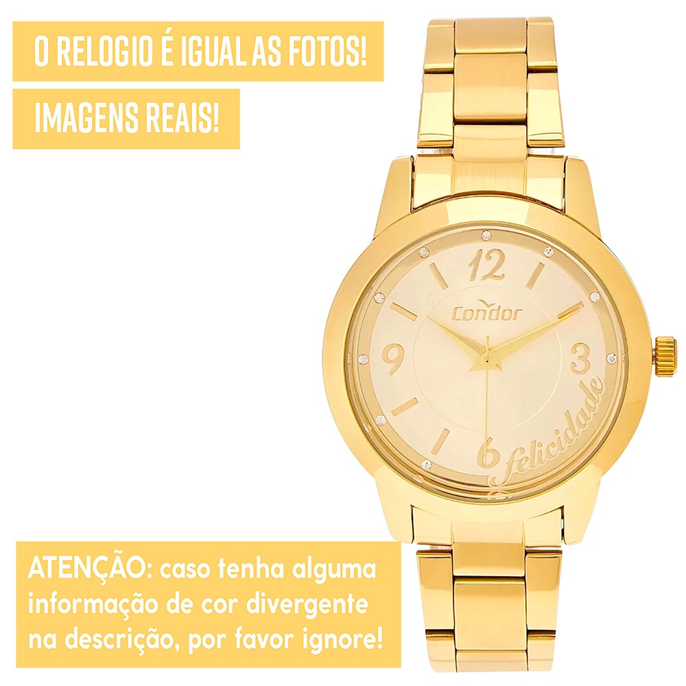 Detalhes do Relógio Condor Feminino Dourado Prova d'água com 1 ano de garantia e conjunto