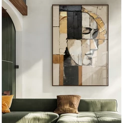 Quadro Decorativo Sala Com Moldura Quadro Grande Para Sala Quadro Abstrato Rosto Dourado e Preto