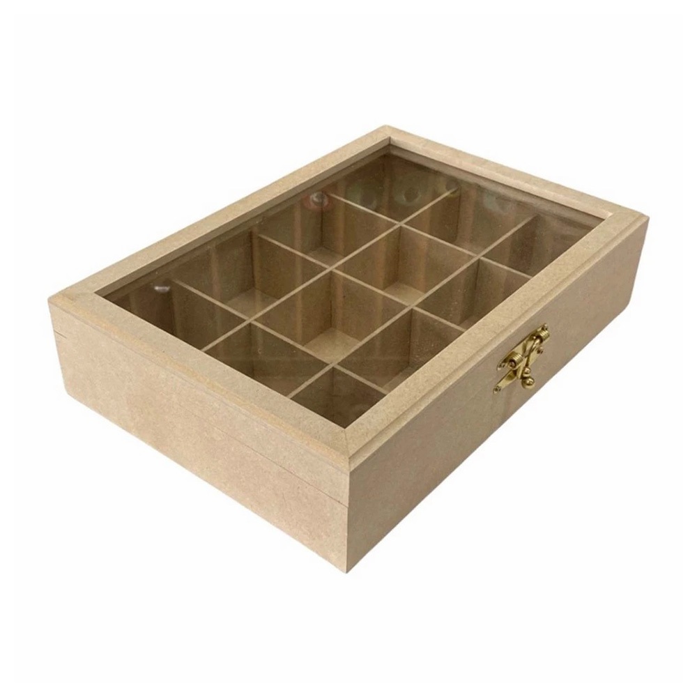 Caixa Cristal Com Dobradiça e Fecho 31x23x07 em MDF Cru Tampa de Vidro - Expositor Relógio Chá Jóias em Oferta na Shopee
