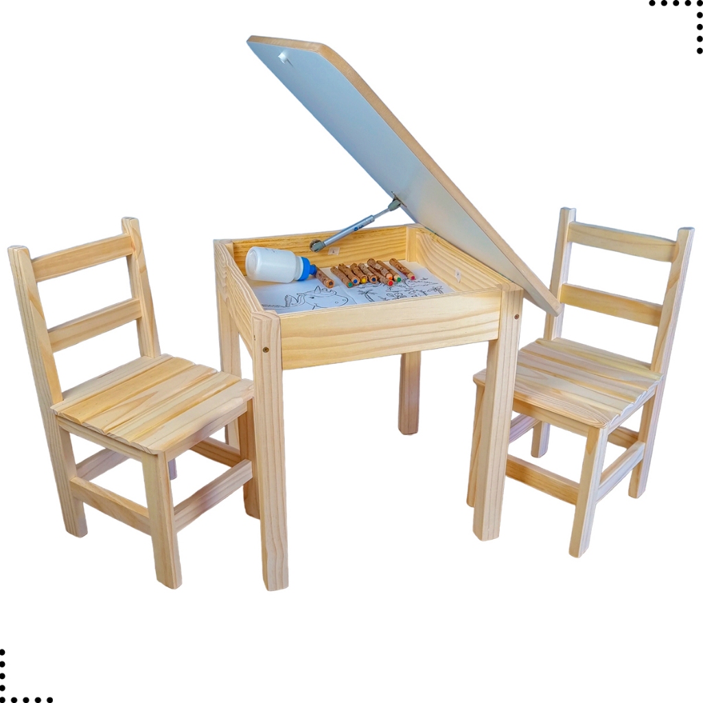 Mesinha Infantil Baú Madeira Pinus Acabamento Natural 2 Cadeira Menino Menina Estudo Didático Conjunto Resistente Kids