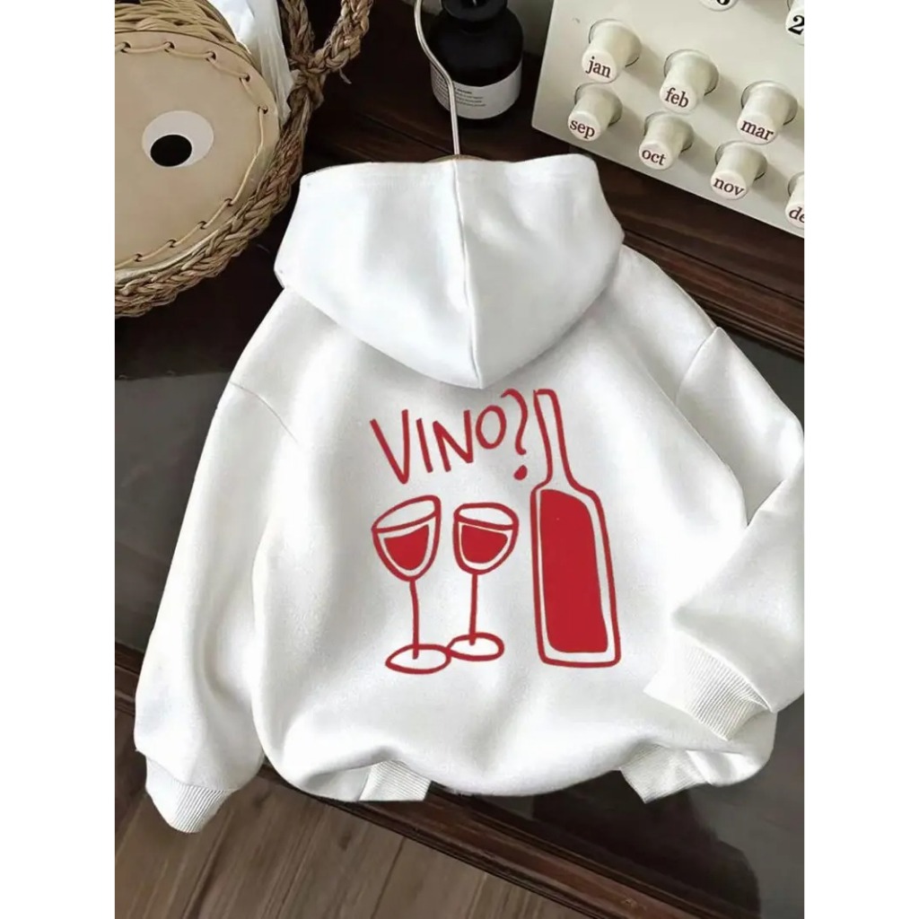 Moletom casual com capuz, Unisex com estampa gráfica "Vino?", hoodie rosa com cordão, confortável para usar em todas as