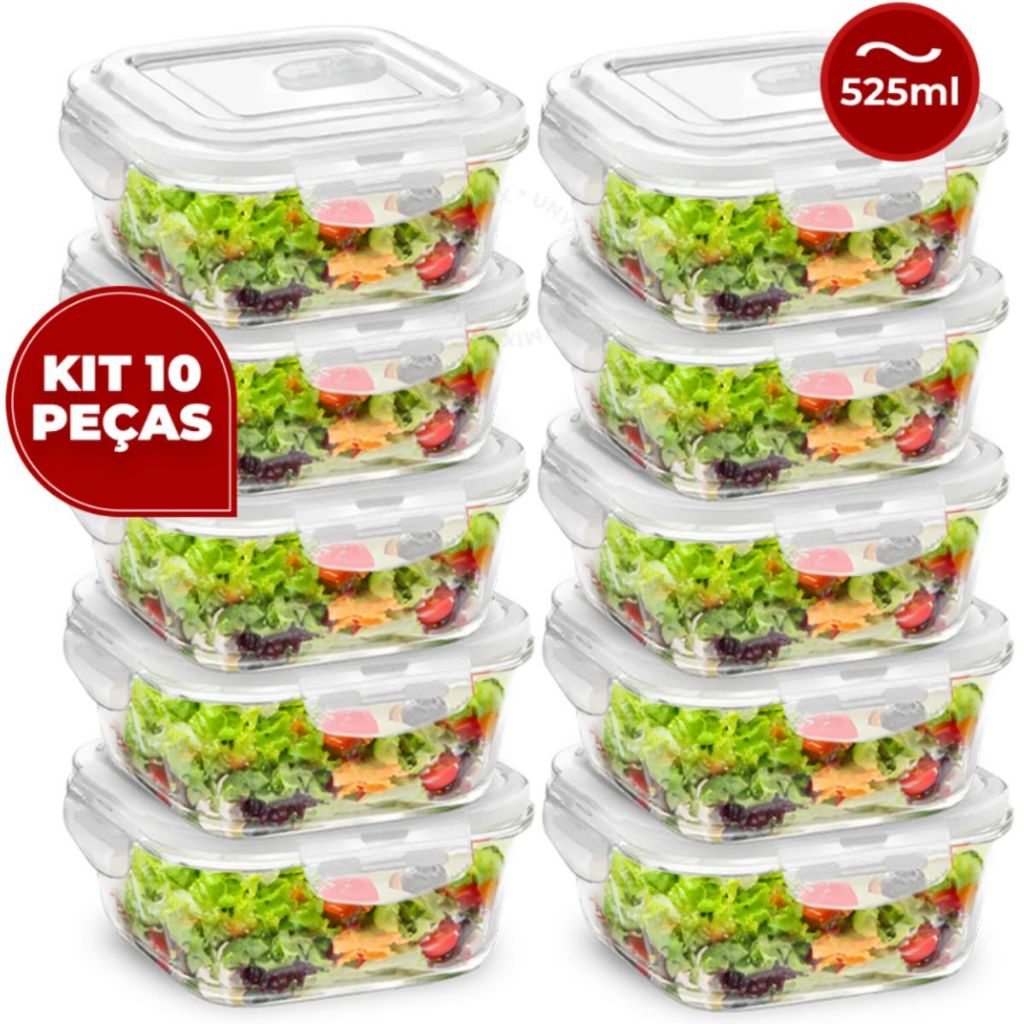 Kit Até 10 Potes Hermético de Vidro 525ml C/ Válvula Ar Marmita Fit Tampa 4 Travas Freezer...