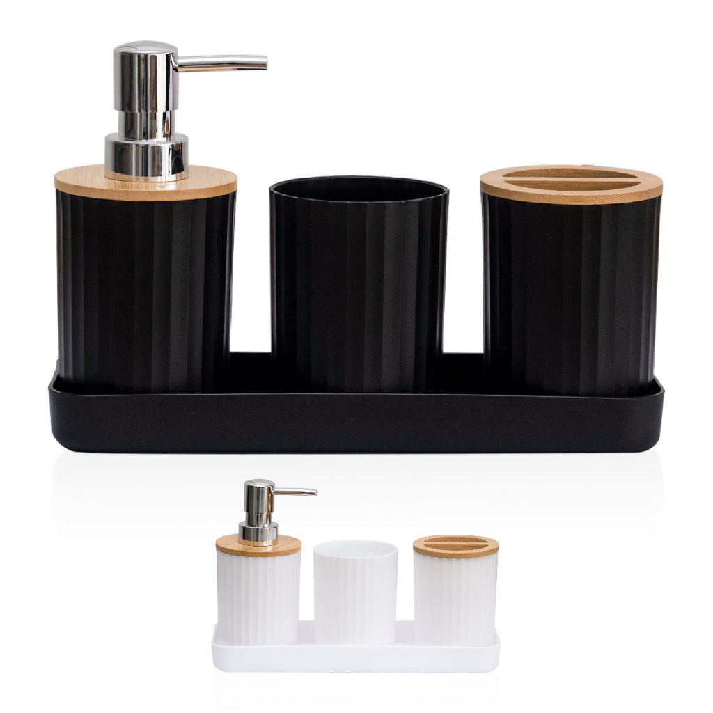 Kit Banheiro 4 Peças Bambu Moderno com Dispenser Porta Escova Sabonete Base Organizadora em Oferta na Shopee
