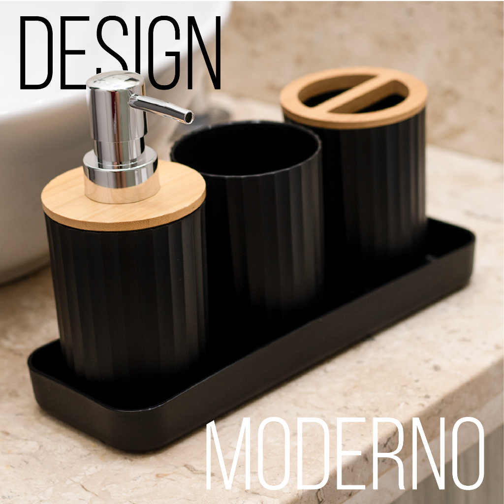 Kit Banheiro 4 Peças Preto Fosco Bambu Dispenser Porta Escova Sabonete Base Moderna