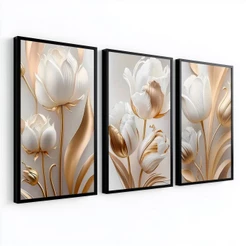 Trio Quadros Decorativos Com Moldura Vidro 60x90 Flores Brancas Floral Grande Para Sala Quarto Escritório