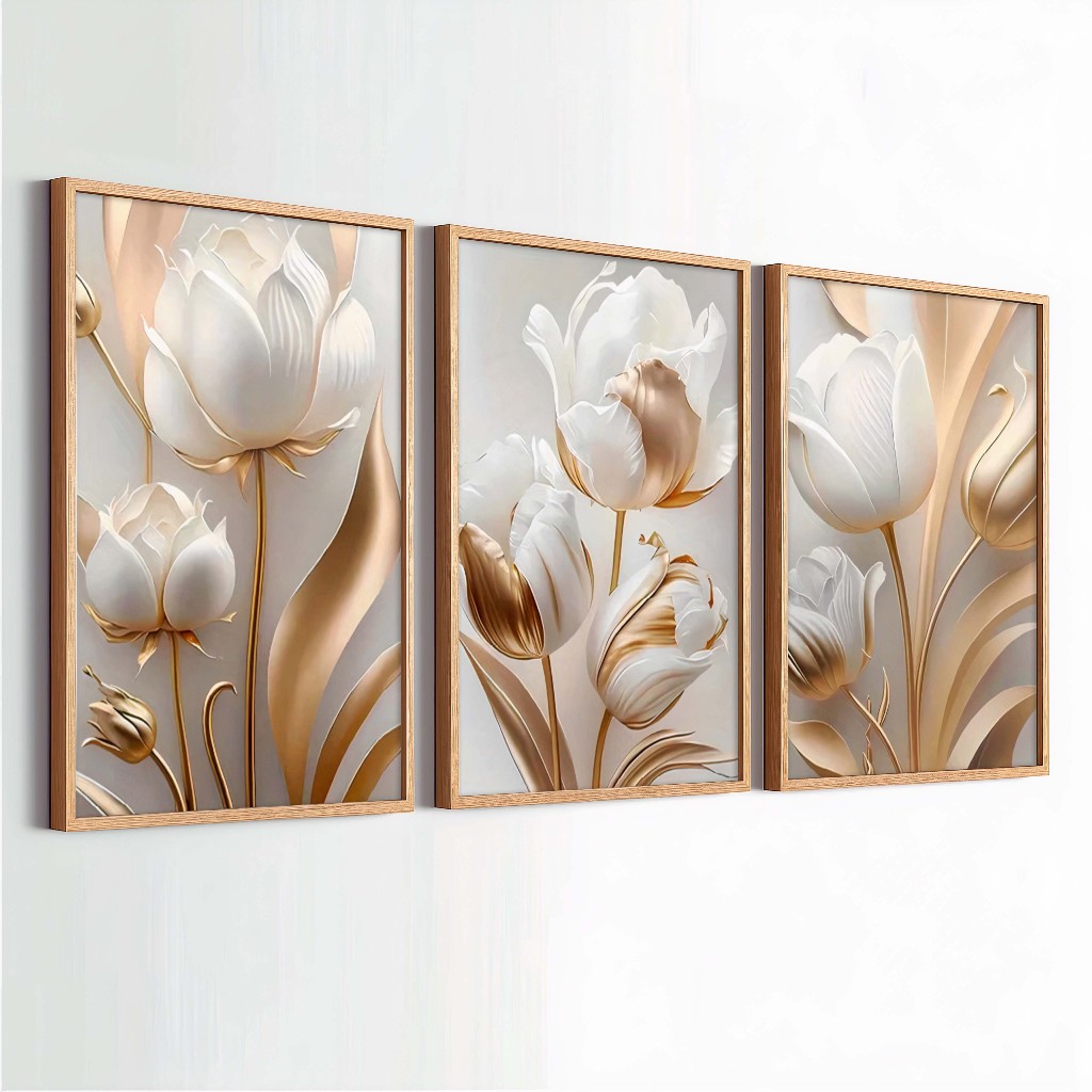 Trio Quadros Decorativos Com Vidro Moldura Folhagem Floral Para Sala Quarto Escritório ou Hall · foto 2