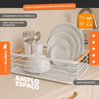 Escorredor Louças Branco Para Pia- Prato Talher Alça Madeira - Bhz Store em Oferta na Shopee