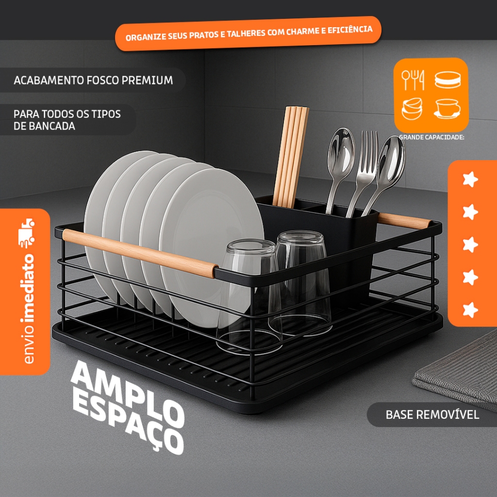 Escorredor Louças Preto Para Pia- Prato Talher Alça Madeira - Bhz Store em Oferta na Shopee