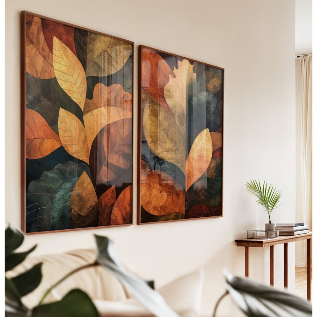 Imagem Quadro Decorativo COM MOLDURA E Vidro Grande Sala Jantar Quarto Casal Duo Folhagem Outono Colorido