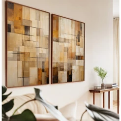 Quadros Decorativos Quarto Quadro Decorativo Sala Abstrato Tons Terrosos Dupla Com Moldura E Vidro
