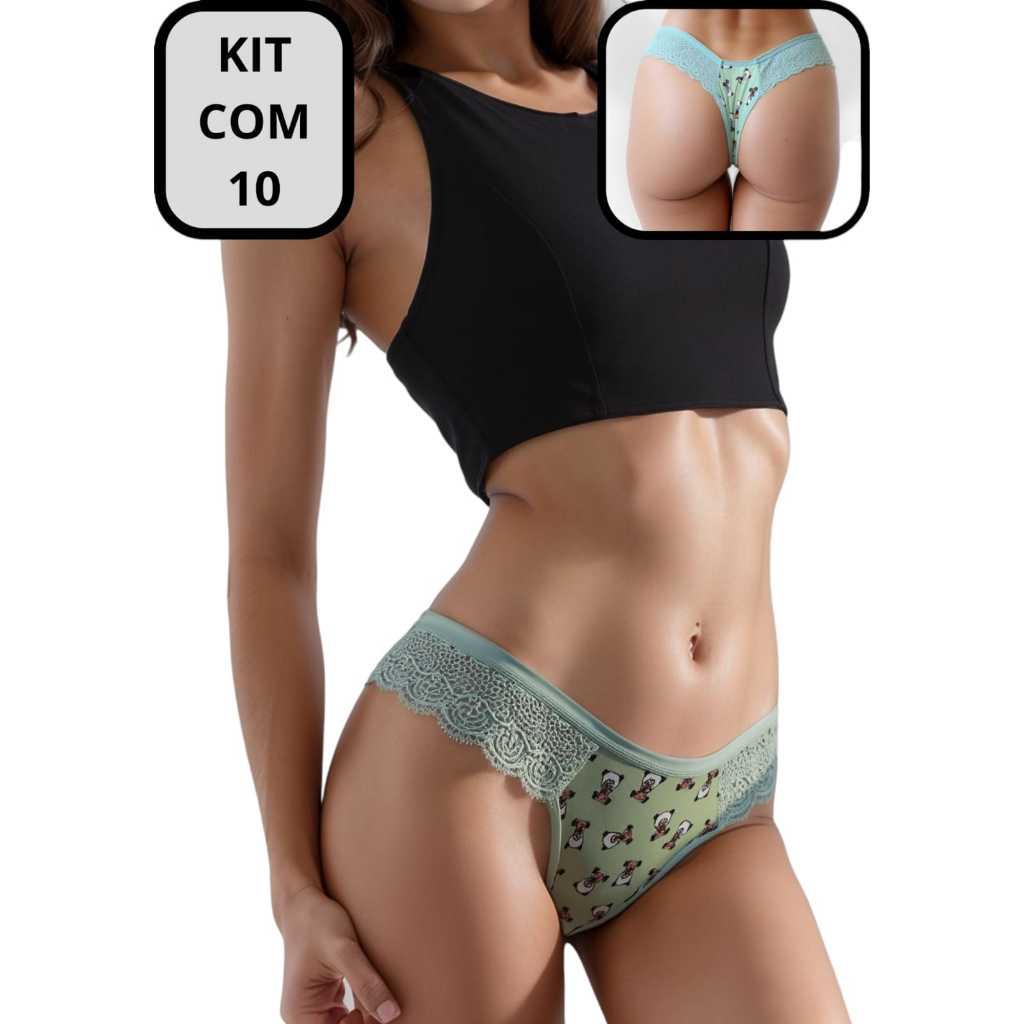 Kit 10 Calcinha de Renda Estampada Tanga Fio Dental de Renda Amanda
