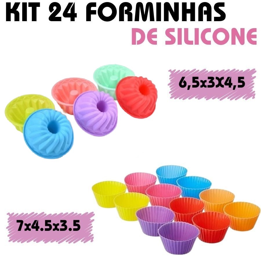 Kit 24 Forminhas De Silicone Para Bolinho Cupcake 7x4.5x3.5 E 6,5x3X4,5 Coloridos Multiuso em Oferta na Shopee