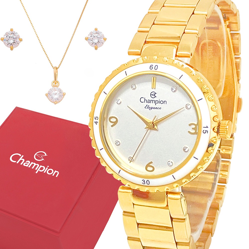 Relógio Champion Feminino Dourado Prova d'água com 1 ano de garantia e colar e brincos - Watches
