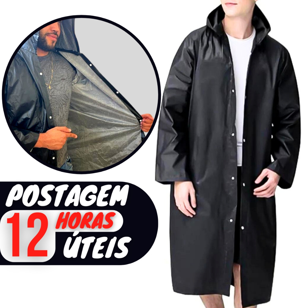 Capa De Chuva Com Capuz Impermeável Feminina Masculina Forrada Preta