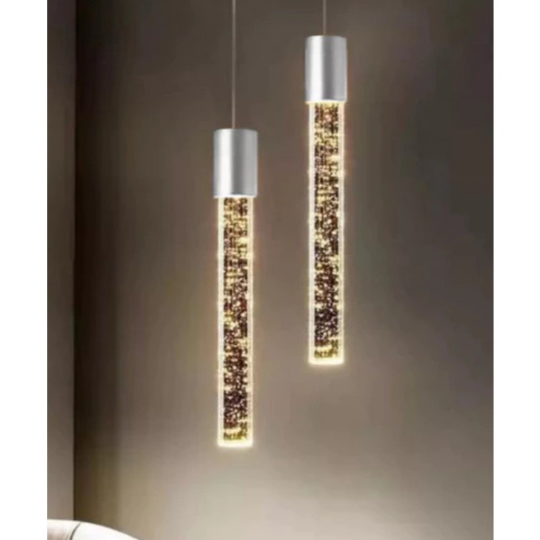 Pendente cristal vidro tubo 20cm  7W PRATA (3 cores de luz)