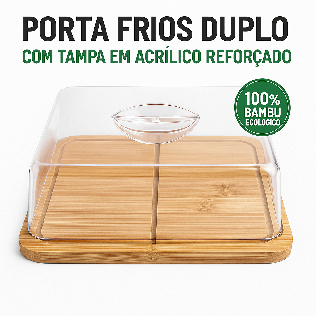 Porta Frios Bambu Duplo Com Divisorias Tampa de Acrilico