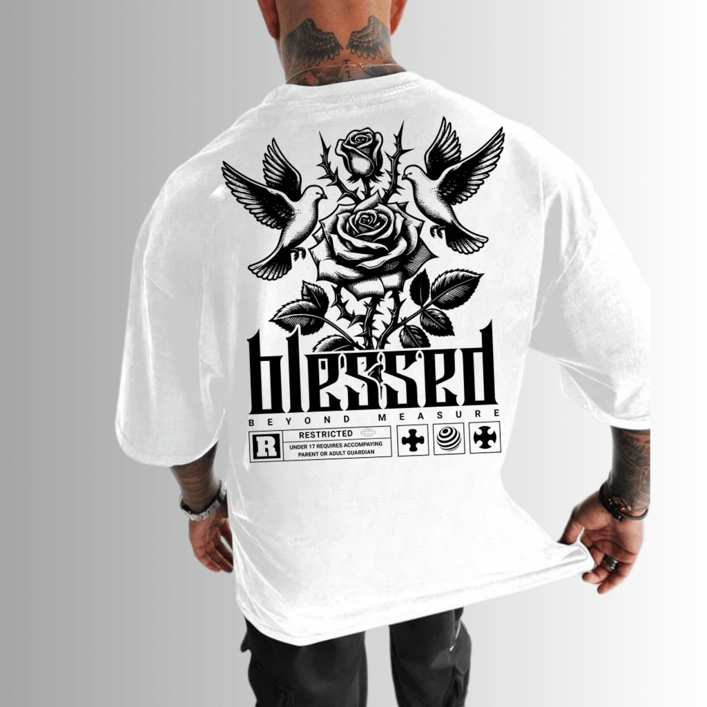 Camiseta 100% Algodão Premium Oversized Moda Streetwear Blessed Branca e Preta
