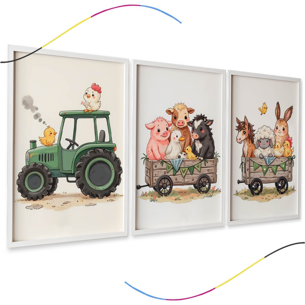 Conjunto de 3 Quadros Decorativos Infantis, Tema Fazendinha com Trator e Animais, Aquarela
