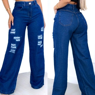 Calça Jeans Feminina WideLeg Destroyed Escura Pantalona Modela Bumbum Cintura Alta Wide Leg em Oferta na Shopee