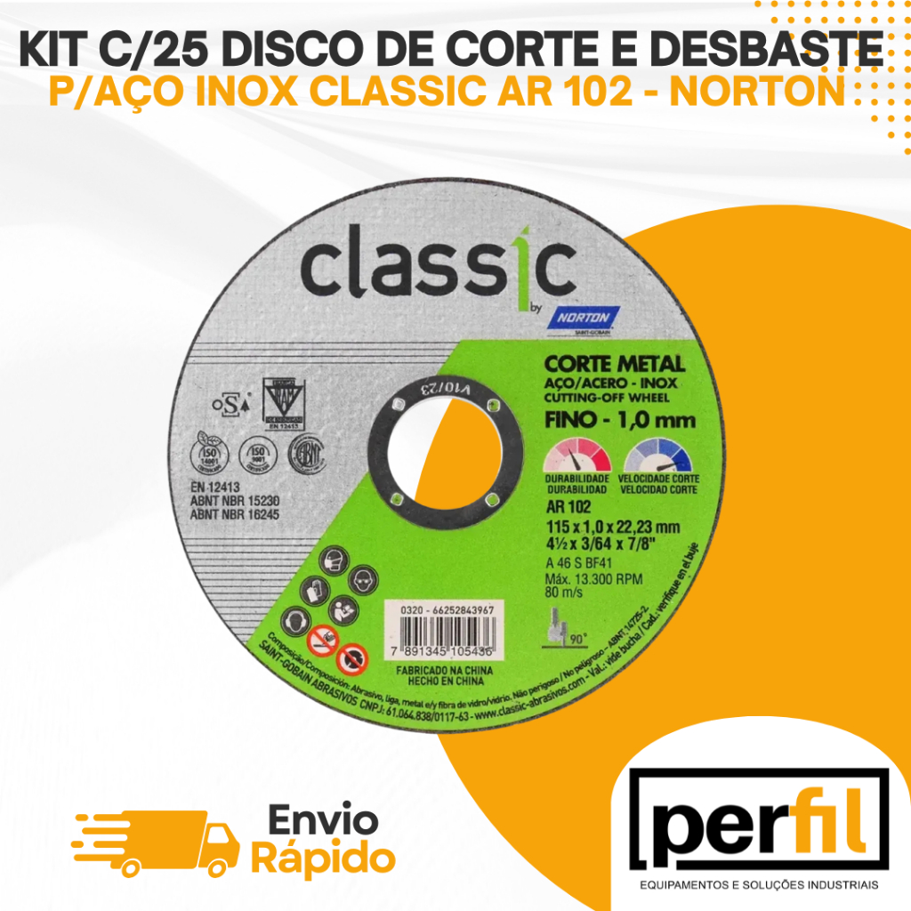 KIT C/25 DISCOS DE CORTE E DESBASTE P/AÇO INOX CLASSIC AR 102 - NORTON