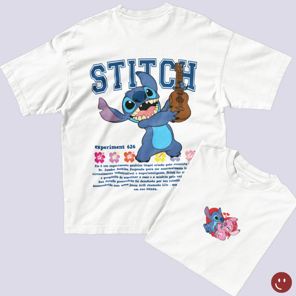 Camiseta Personagem de Desenho Estampa de Casal Stitch Alien Fofo Azul Estampa Divertida Presente Dia dos Namorados