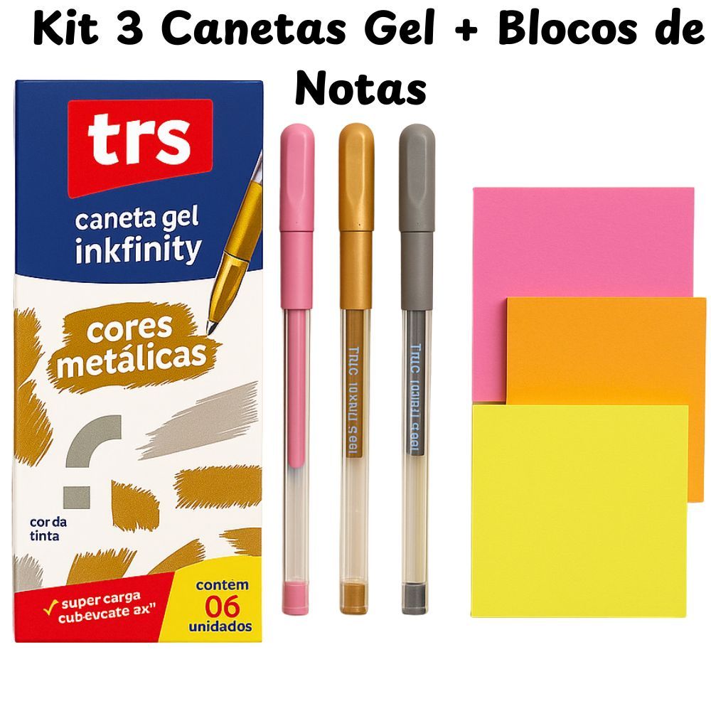 Kit Bloco De Notas 76x76mm Para Anotações+ 3 Caneta Gel Alternativa à Cis Trigel Metálica