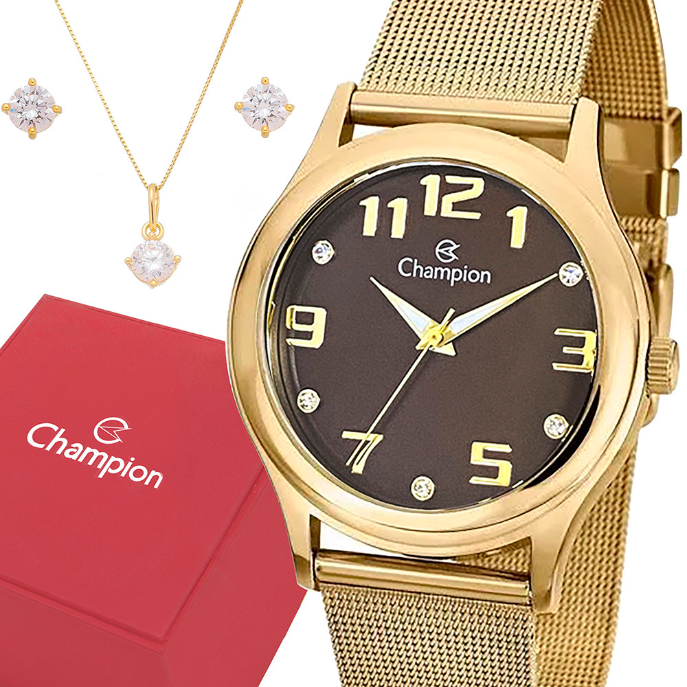 Relógio Champion Feminino Dourado Prova d'água com 1 ano de garantia e colar e brincos - Watches