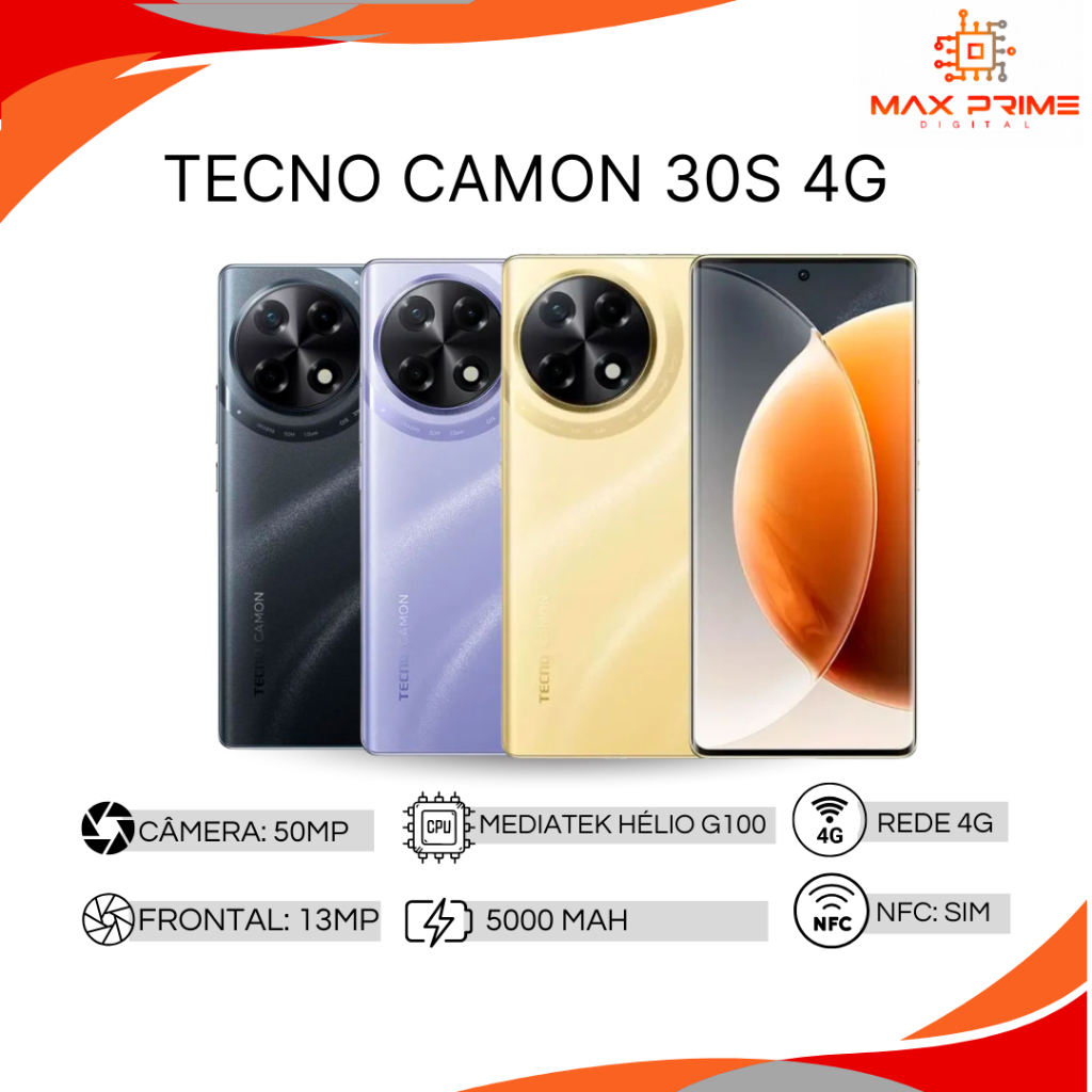 Tecno Camon 30S 4G 256GB/8GB RAM, Câmera de 50MP, Processador Mediatek Hélio G100, Bateria 5000mAh Versão Global em Oferta na Shopee