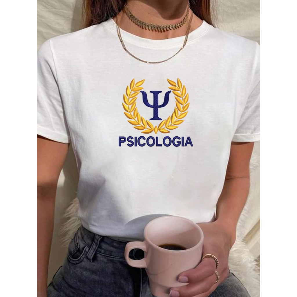 Camiseta Feminina Babylook Tshirt Psicologia Curso Faculdade Simbolo Azul Dourado 100% Algodão