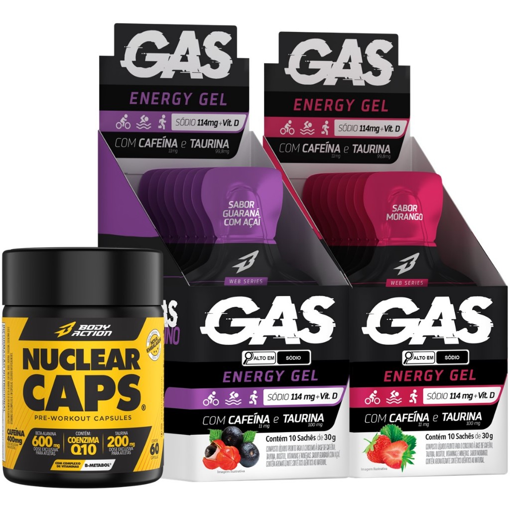 Kit Ciclista 2x Gas Energy Gel 20 Sache + Pré Treino Nuclear - Health