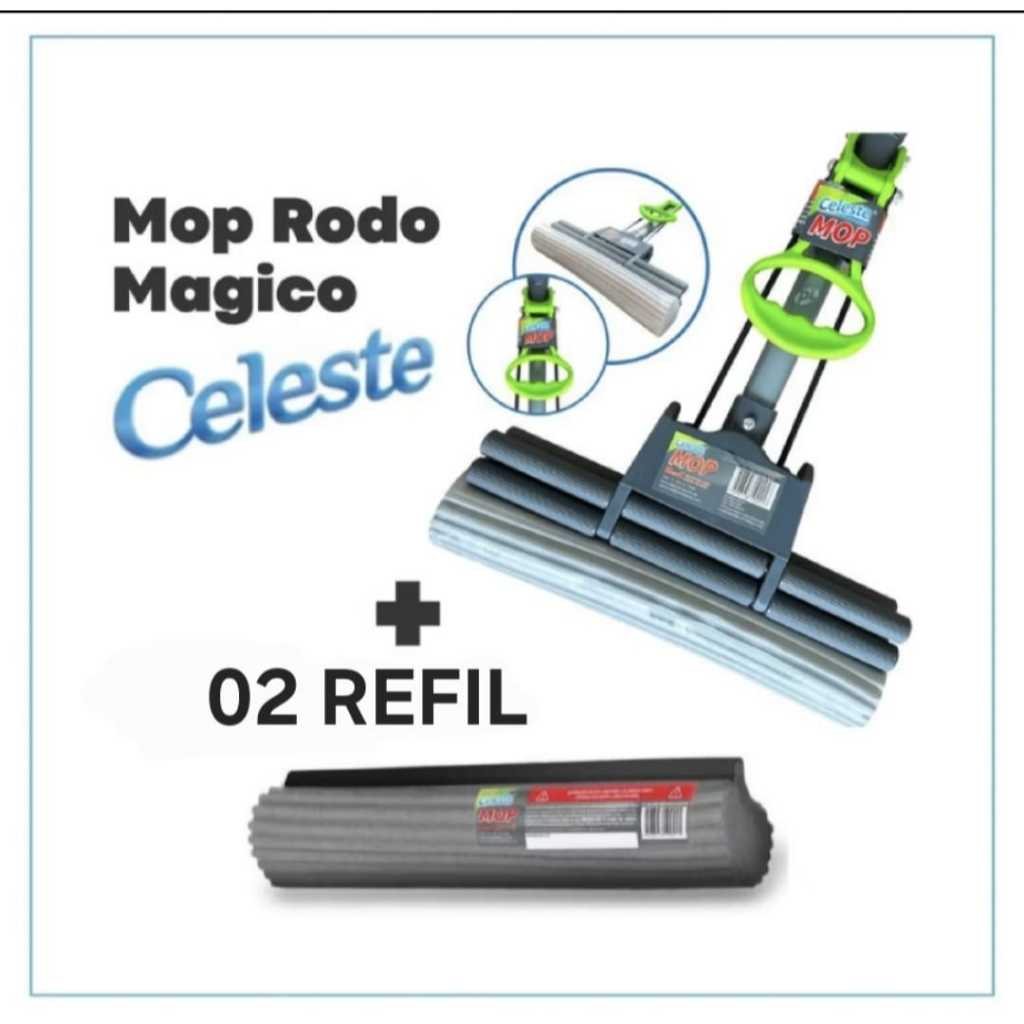 Rodo Mop Esfregão Celeste Auto Torção + 2 Refil Em Espuma Limpa Seca Limpeza Geral Rodo Mágico Praticidade
