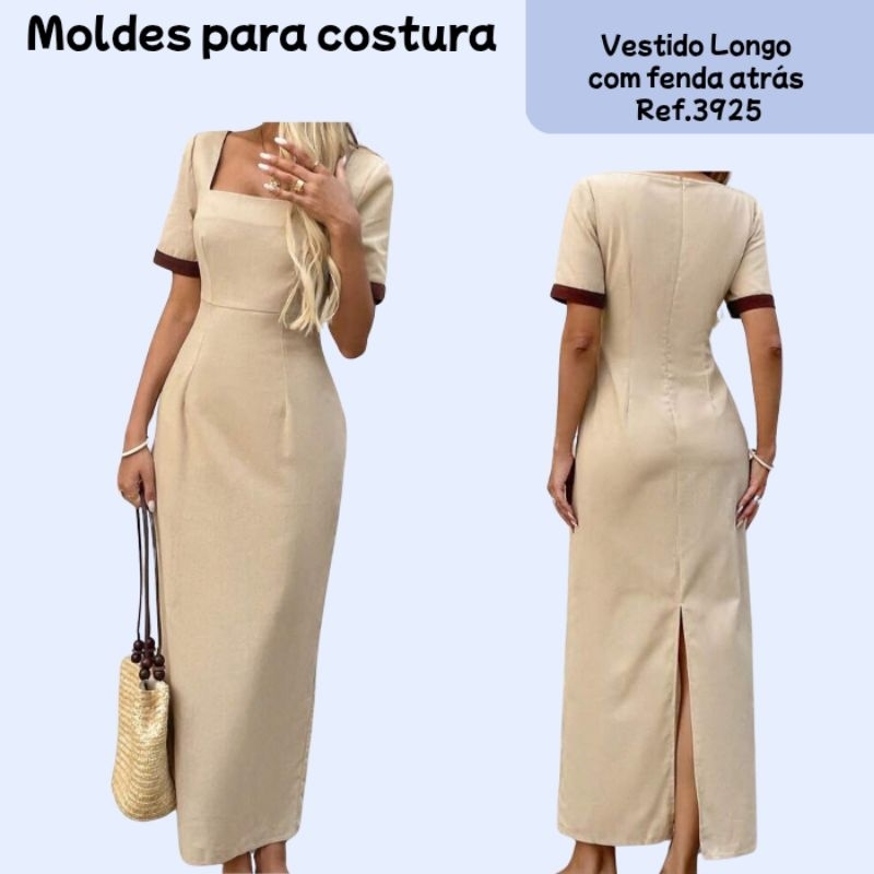 molde pronto pra uso vestido longo com fenda atrás em Kraft para recorte em Oferta na Shopee
