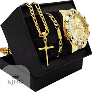 Kit Relógio Masculino Banhado a Ouro 18k Dourado Original Luxo + Corrente em Aço Banhada18kMasculina+Pulseira e Pingente em Oferta na Shopee