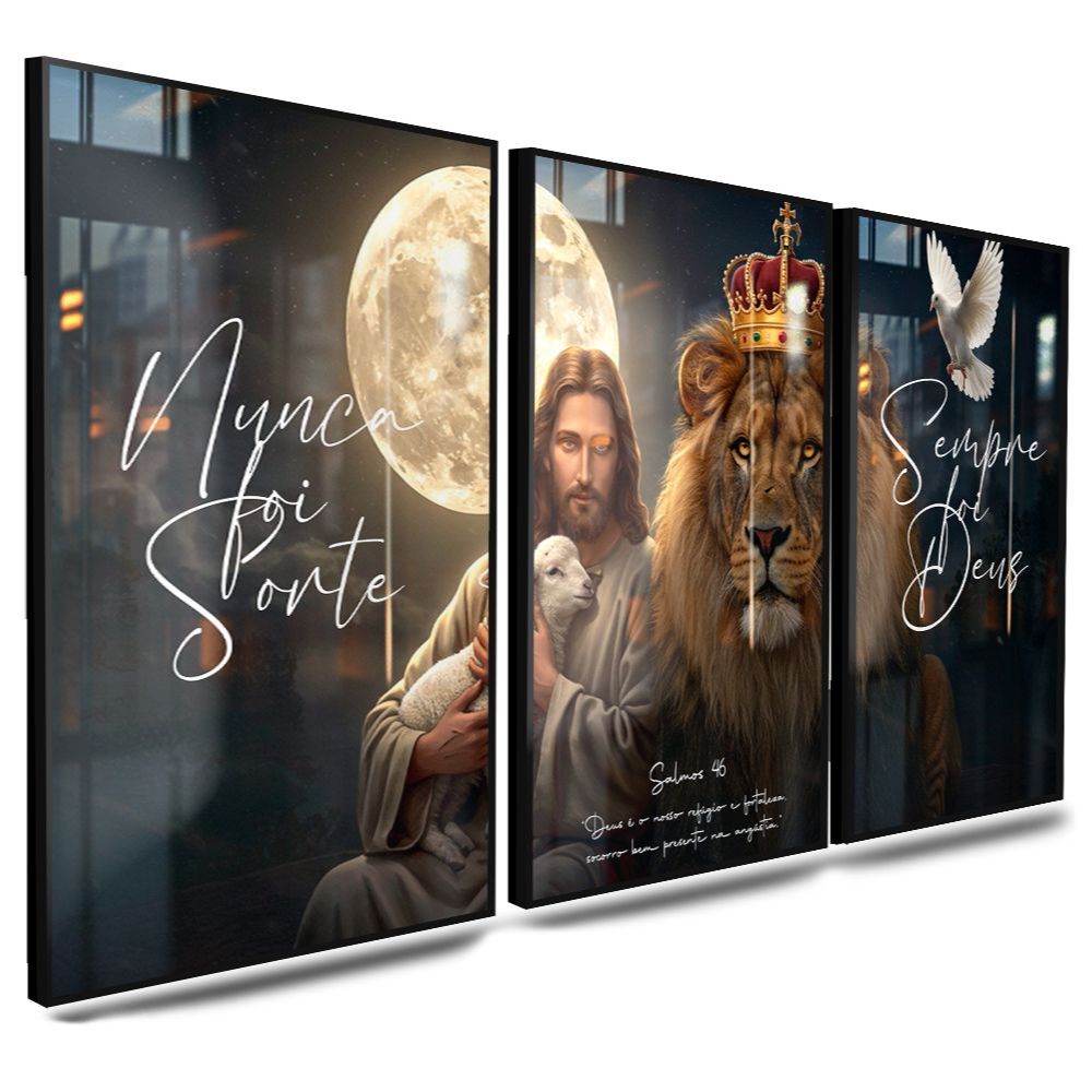 Quadro Decorativo Jesus Fé Leão Coroa Pomba Espírito Santo Propósito Divino Salmo 46