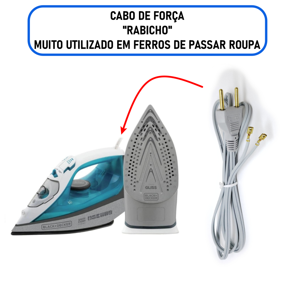 Cabo de Força / Rabicho para Ferro de Passar – 110/220V / 10A – 1,80 Metros – Cinza