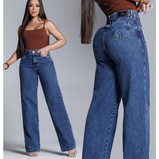 Calça Jeans Feminina Wide Leg Marmorizada Cintura Alta 100% Algodão em Oferta na Shopee