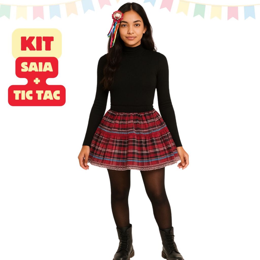 Kit Saia Festa Junina Juvenil 10 a 16 anos + Tic Tac Arraia Festa Saia de São João Quadrilha