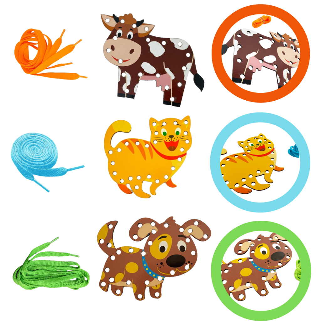 Kit 3 Alinhavo Educativo Pedagogico MDF Bicho Animal Cachorro Gato e Vaca em Oferta na Shopee