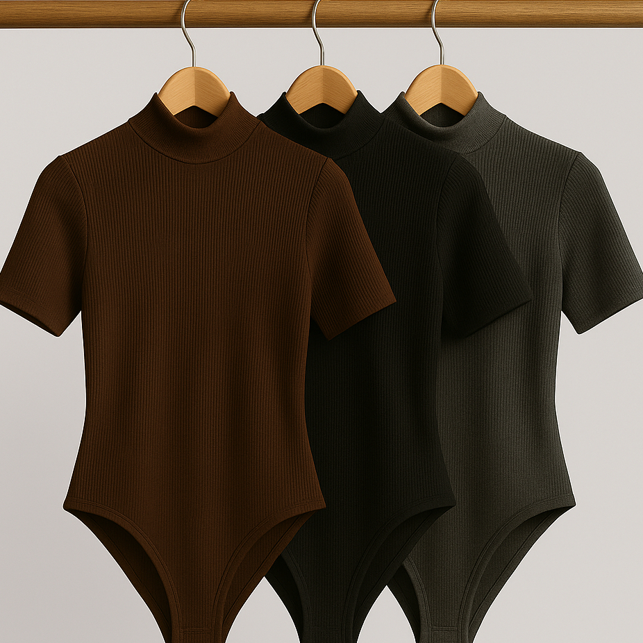 Kit 3 Body Feminino Gola Alta Canelado – Conforto e Estilo em Tecido Ribana Premium Manga Curta