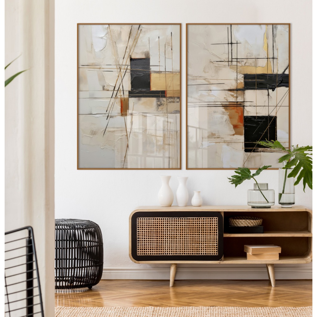 Quadro Abstrato Para Sala Quadro Com Moldura E Vidro Quadro De Sala Decorativo Linhas Cruzadas Duo