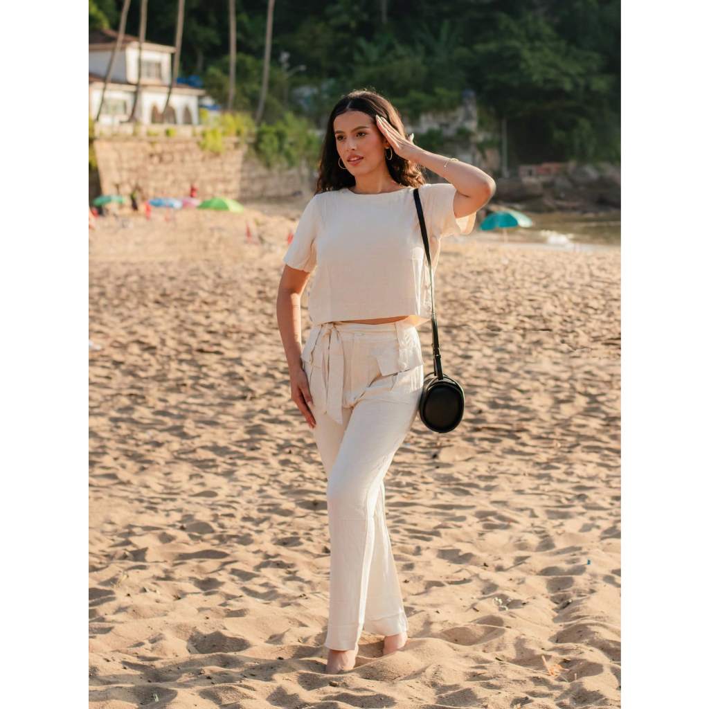 Conjunto de Linho Misto com Botões Forrados em Oferta na Shopee