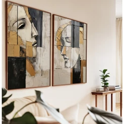 Quadro Decorativo Sala Rosto Abstrato Dourado Preto Bege Duo 2 Quadros Decorativos Quarto Moldura