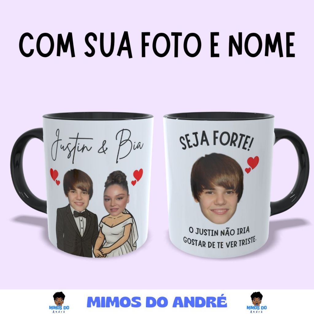 Caneca justin bieber meme seja forte com sua foto caricatura noivos branca e colorida