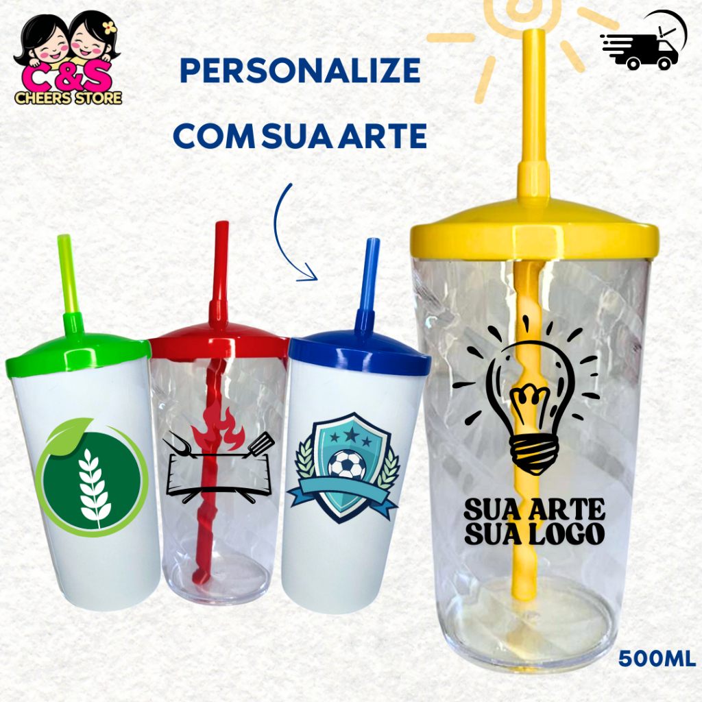 KIT Copo Twister SUA ARTE/SUA LOGO/SUA IDEIA com Tampa /Canudo 500ML PERSONALIZADO,festa e decoração