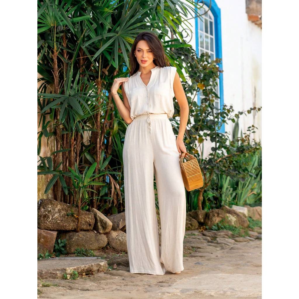Conjunto Pantalona Camisa sem mangas Linho Misto