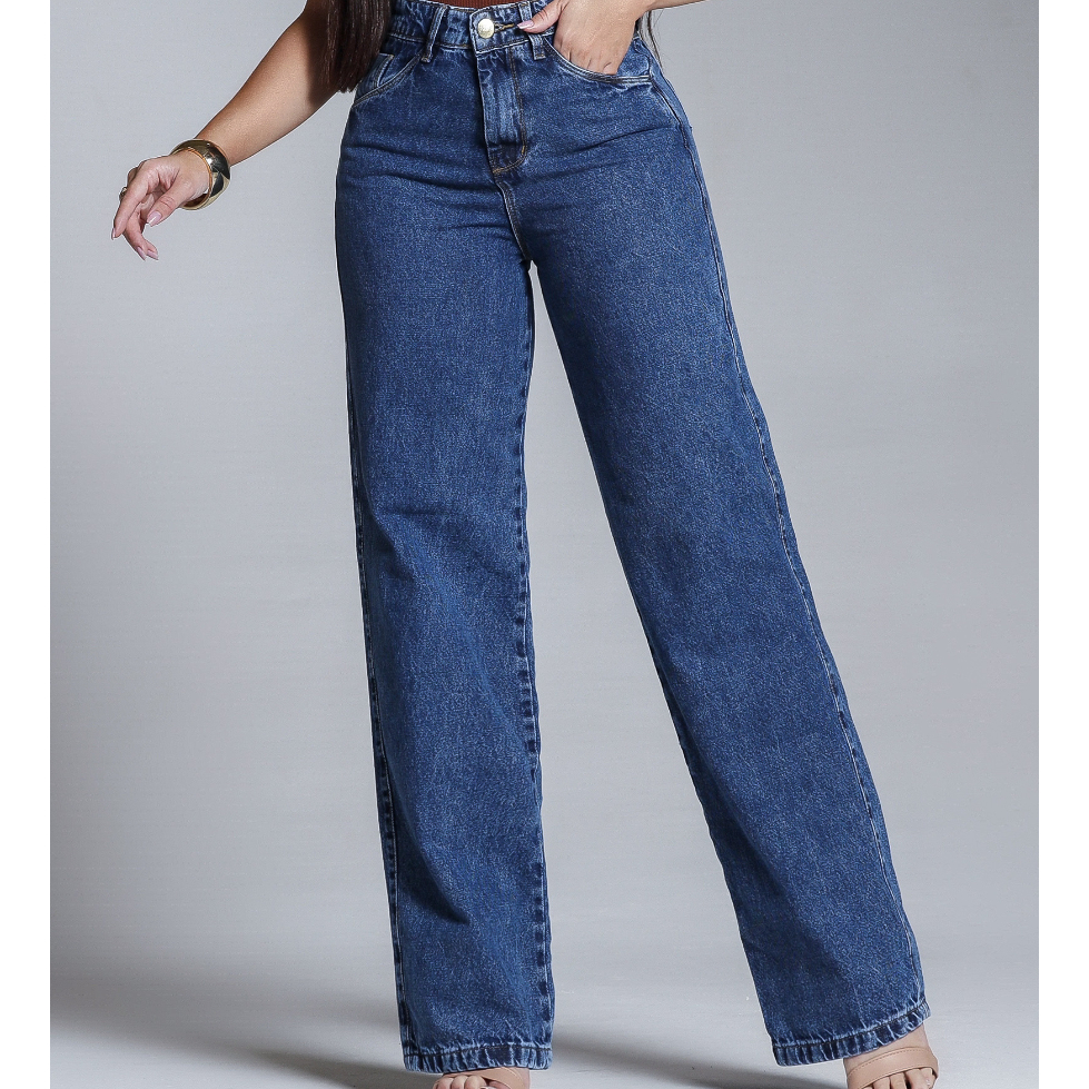 Calça Feminina Wide Leg Marmorizada Jeans Cintura Alta 100% Algodão em Oferta na Shopee