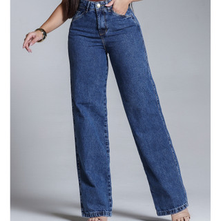 Calça Feminina Wide Leg Marmorizada Jeans Cintura Alta 100% Algodão
