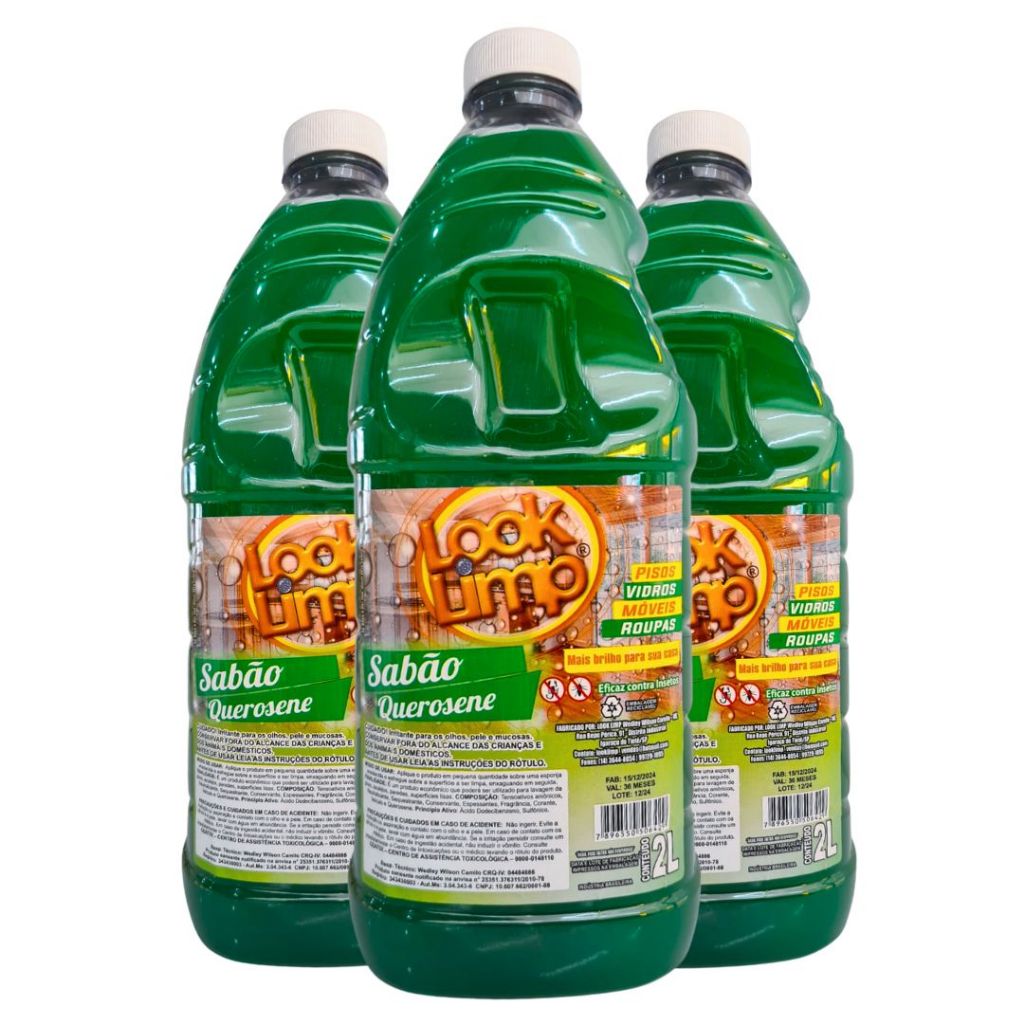Kit 3 Sabão Querosene Limpa 2L Multiuso Brilho Repelente Desinfeta Piso Protege Casa Perfuma Removedor em Oferta na Shopee