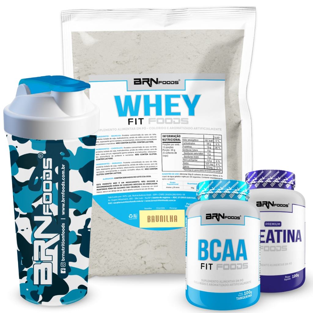 Kit Whey Protein Blend 500g + BCAA Fit Foods 100g + Creatina Premium 100g + Coqueteleira - BRN Foods em Oferta na Shopee