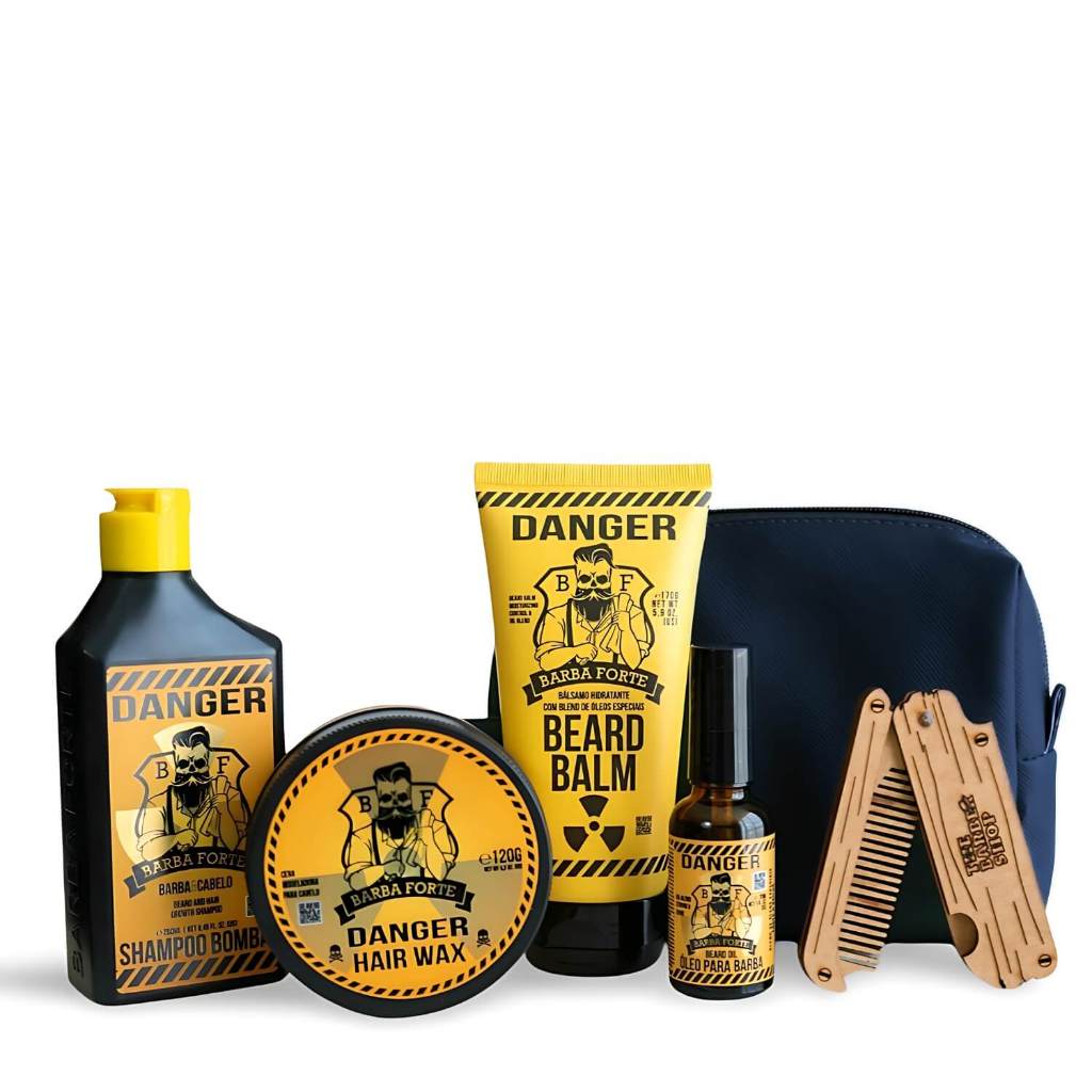 Kit Para Barba Shampoo + Balm + Óleo + Pomada + Pente + Necessaire - Barba Forte